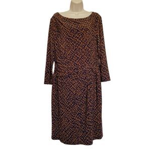 Lauren Ralph Lauren Jersey Dress Brown Blue Abstract Print Fall Lined Sz 16